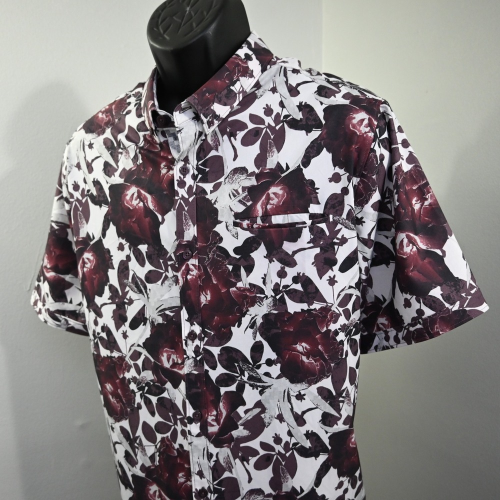 7Diamonds Button Up Mens XXL White Burgundy Floral Ruby Tuesday 4 Way Stretch